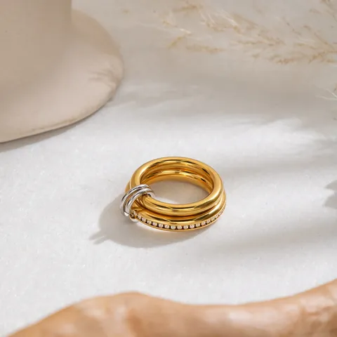 Mehrlagiger Geometrischer Edelstahl Stapelring für Damen Mit Strass-Inlay 18K Vergoldet Luxus Mode Fingerring Schmuck