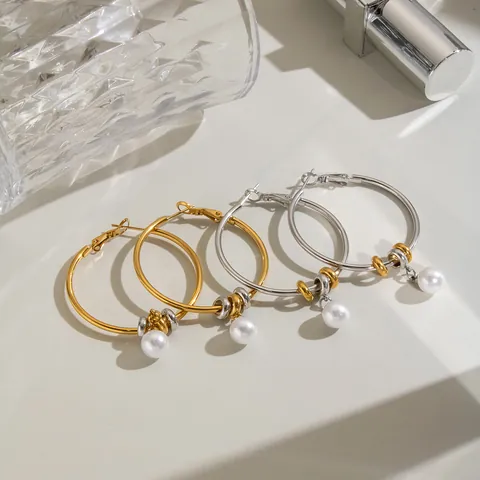 Minimalist Stainless Steel 18K Gold Plated Hoop Earrings For Women With Artificial Pearl Pendant Geometric保色 Earrings Jewelry
