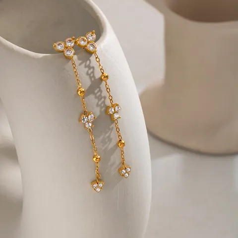 French Vintage Stainless Steel 18K Gold Plated Long Chain Tassel Drop Earrings For Women Luxury Zirconia Earring Jewelry