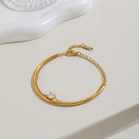 18K Gold Plated Stainless Steel Bracelet For Women Double Layer Round Rhinestone Inlaid Geometric Wristband Minimalist Jewelry