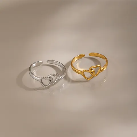 Minimalist 18K Gold Plated Stainless Steel Double Heart Hollow Open Ring Adjustable Interlocked Heart Jewelry For Women Gift