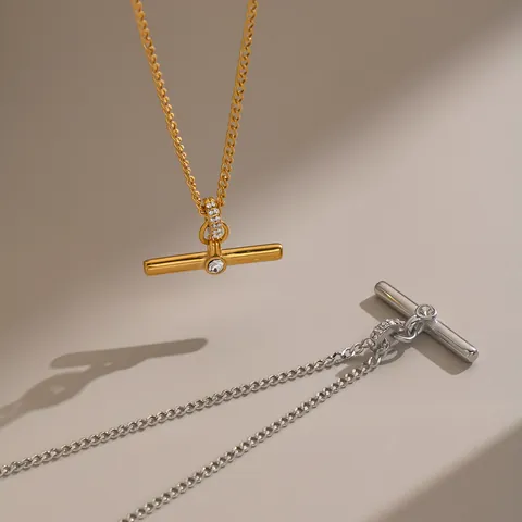 Minimalist Stainless Steel T-Bar Pendant Necklace For Women 18K Gold Silver Plated Rhinestone Inlaid Clavicle Chain Jewelry Gift
