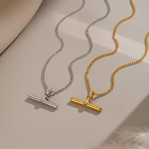 Minimalist Stainless Steel T-Bar Pendant Necklace For Women 18K Gold Silver Plated Rhinestone Inlaid Clavicle Chain Jewelry Gift