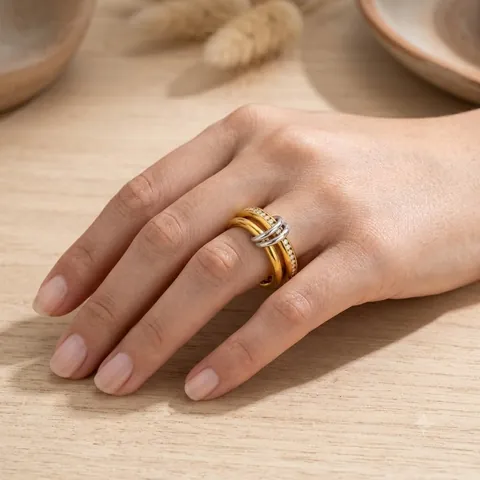 Mehrlagiger Geometrischer Edelstahl Stapelring für Damen Mit Strass-Inlay 18K Vergoldet Luxus Mode Fingerring Schmuck