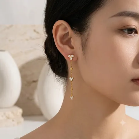 French Vintage Stainless Steel 18K Gold Plated Long Chain Tassel Drop Earrings For Women Luxury Zirconia Earring Jewelry