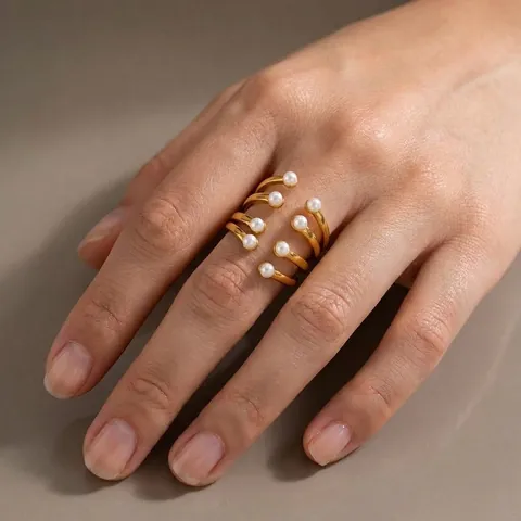 Niche Design Multi-layer Artificial Pearl Open Ring For Women 18K Gold Plated Stainless Steel Adjustable Fashion Jewelry Finger Ring