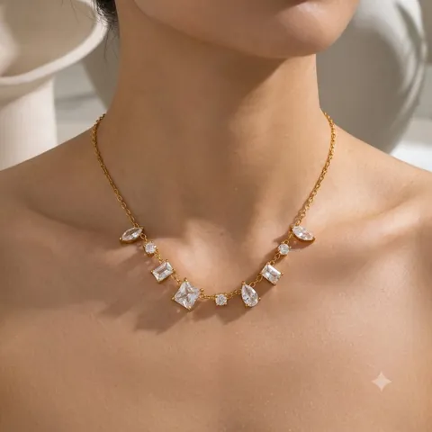 French Vintage Geometric Inlaid Zirconia Stainless Steel 18K Gold Plated Necklace Women Light Luxury Choker Chain Jewelry