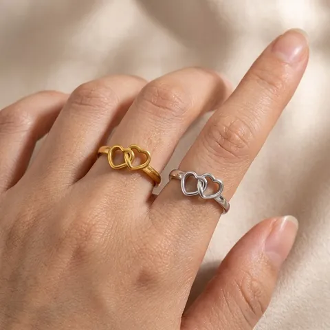 Minimalist 18K Gold Plated Stainless Steel Double Heart Hollow Open Ring Adjustable Interlocked Heart Jewelry For Women Gift