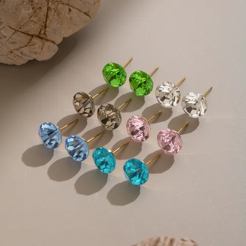 Stainless Steel Round Stud Earrings 18K Gold Plated Colored Glass Crystal Minimalist Fashion Dopamine Jewelry For Women