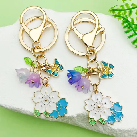 Sweet Enamel Cherry Blossom Lily Of The Valley Keychain Butterfly Bee Metal Key Ring Bag Charm Pendant Jewelry Gift For Women Girls