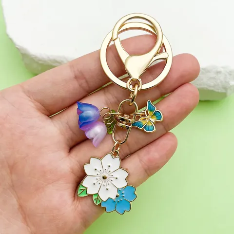Sweet Enamel Cherry Blossom Lily Of The Valley Keychain Butterfly Bee Metal Key Ring Bag Charm Pendant Jewelry Gift For Women Girls
