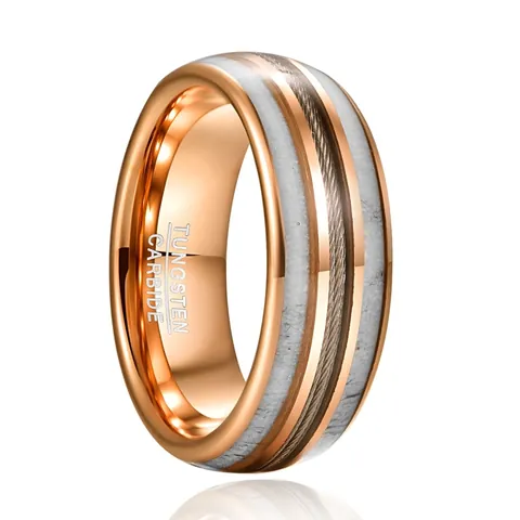 Men Tungsten Ring Rose Gold Plated Inlaid Deer Antler Steel Wire Wrapped Personality Band Ring For Men Unisex Jewelry Gift