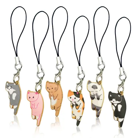 Schattige Cartoon Kat Legering Emaille Telefoonkoord Hanger Kawaii Dier Sleutelhanger Charm Voor Rugzak Portemonnee Sleutelring Accessoires Cadeau