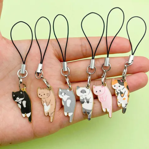 Schattige Cartoon Kat Legering Emaille Telefoonkoord Hanger Kawaii Dier Sleutelhanger Charm Voor Rugzak Portemonnee Sleutelring Accessoires Cadeau