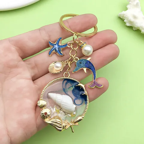 Ocean Series Marine Life Keychain Starfish Mermaid Shell Seahorse Dolphin Alloy Enamel Charm Bag Pendant Jewelry Gift For Women