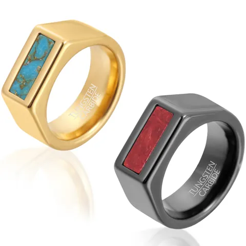 Anillo de Carburo de Tungsteno para Hombre Incrustado de Turquesa y Coral Anillo de Banda Minimalista Chapado en Oro Negro Joyería de Moda Regalo