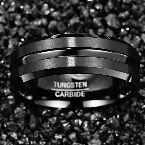 Men Tungsten Steel Ring 8mm Wide Matte Finish Electroplated Black Groove Design Polished Inner Band Wedding Band For Men