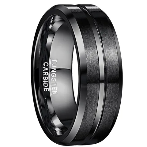 Men Tungsten Steel Ring 8mm Wide Matte Finish Electroplated Black Groove Design Polished Inner Band Wedding Band For Men