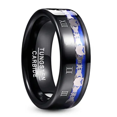 Men's Black Tungsten Steel Ring Blue Heart Claddagh Pattern Roman Numerals Electroplated 8mm Band Finger Ring Fashion Jewelry