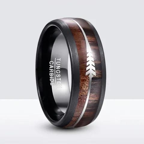 Vintage Men Tungsten Steel Ring With Wood Inlay Silver Arrow Pattern Black Electroplated Band Fashion Jewelry Finger Ring Gift