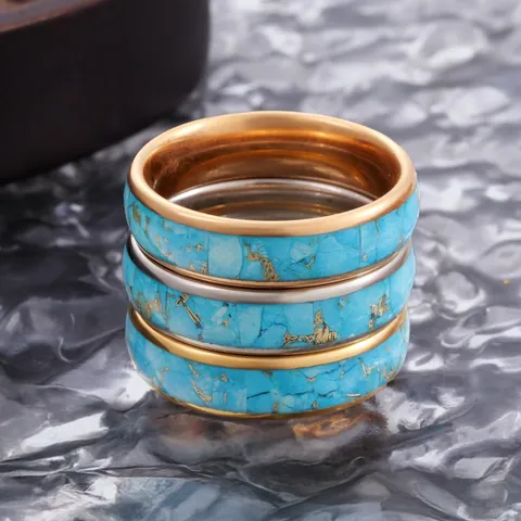 Anillo de Carburo de Tungsteno de 6mm para Hombre Turquesa Azul Incrustada con Hilo de Oro Banda de Plata Pulida Joyería de Moda para Banquete Citas Regalo Hombre