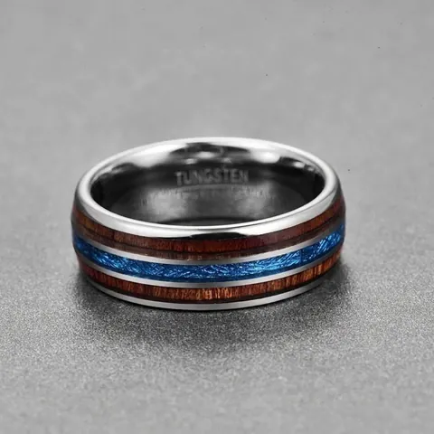 Men Tungsten Carbide Ring Domed Acacia Wood Inlay Blue Imitation Meteorite Polished Personalized Band Ring Jewelry
