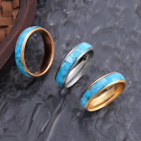 Anillo de Carburo de Tungsteno de 6mm para Hombre Turquesa Azul Incrustada con Hilo de Oro Banda de Plata Pulida Joyería de Moda para Banquete Citas Regalo Hombre