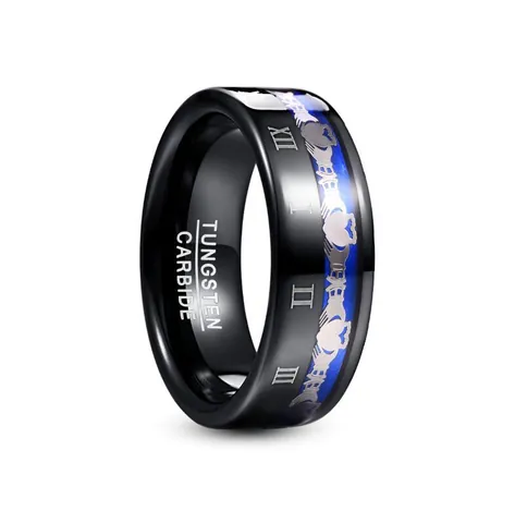 Men's Black Tungsten Steel Ring Blue Heart Claddagh Pattern Roman Numerals Electroplated 8mm Band Finger Ring Fashion Jewelry