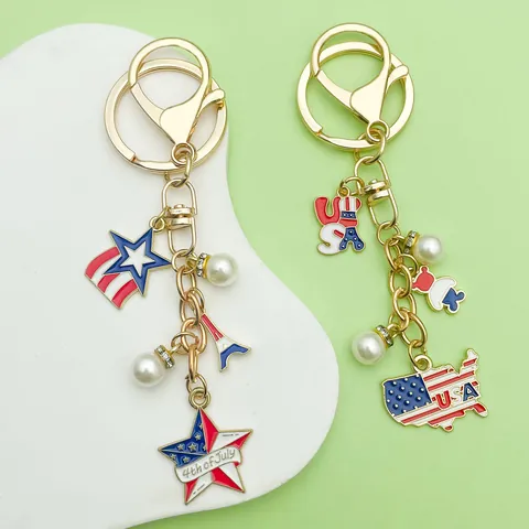 USA Flag Star Heart Independence Day Keychain For Women Men July 4th Souvenir Zinc Alloy Enamel Rhinestone Patriotic Key Ring Gift