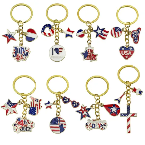 USA Flag Star Heart Independence Day Keychain For Women Men July 4th Souvenir Zinc Alloy Enamel Rhinestone Patriotic Key Ring Gift