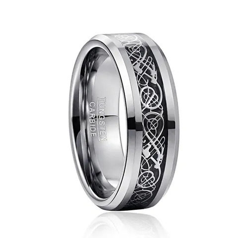 8mm Tungsten Carbide Ring For Men Black Carbon Fiber Inlay Silver Celtic Dragon Pattern Polished Band Fashion Men Jewelry