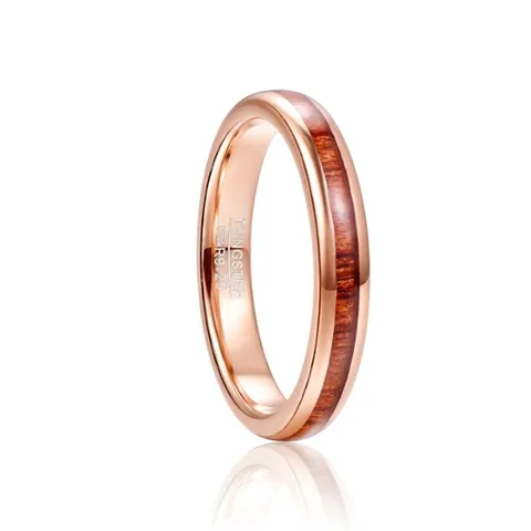 Rose Gold Tungsten Steel Ring With Acacia Wood Inlay Natural Wood Grain Polished Wedding Band For Men Women Fashion Jewelry