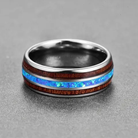 Men Tungsten Steel Ring Wide Dome Design Inlaid With Blue Opal And Acacia Wood Fashion Finger Jewelry For Gift