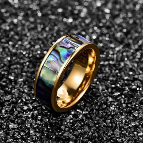 8mm Men's Tungsten Carbide Ring Electroplated Gold Inlaid Abalone Shell Band Ring Comfort Fit Wedding Band Jewelry
