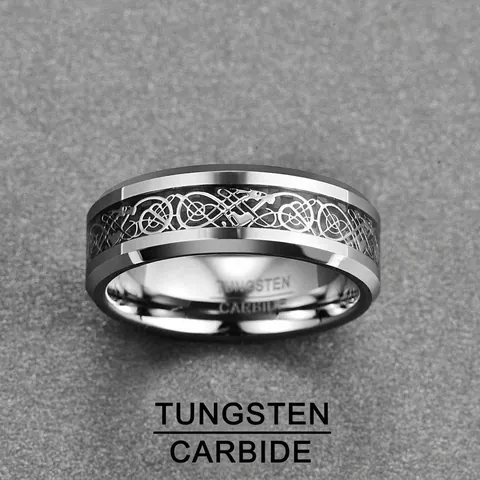 8mm Tungsten Carbide Ring For Men Black Carbon Fiber Inlay Silver Celtic Dragon Pattern Polished Band Fashion Men Jewelry