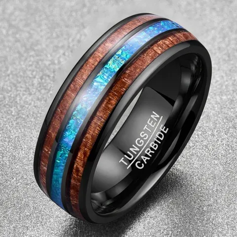 Men's Tungsten Steel Ring Inlaid With Koa Wood And Blue Imitation Opal Dome Polished Comfort Fit Wedding Band Jewelry
