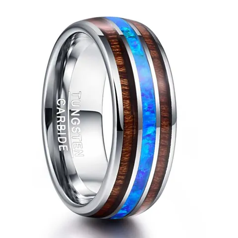 Men Tungsten Steel Ring Wide Dome Design Inlaid With Blue Opal And Acacia Wood Fashion Finger Jewelry For Gift