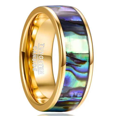8mm Men's Tungsten Carbide Ring Electroplated Gold Inlaid Abalone Shell Band Ring Comfort Fit Wedding Band Jewelry