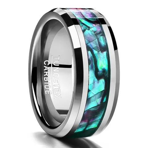 Men 8mm Tungsten Carbide Ring With Inlaid Natural Abalone Shell Polished Steel Color Band Ring Jewelry For Men
