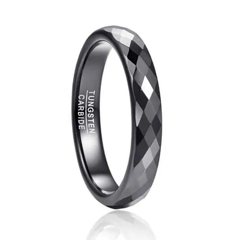 4mm Width Black Tungsten Steel Faceted Band Ring For Men Women Electroplated Rhombus Pattern Minimalist Geometric Ring Comfort Fit Jewelry