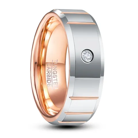 Polished Tungsten Carbide Ring For Men Rose Gold Interior Groove Inlaid Zirconia Minimalist Fashion Jewelry Wedding Band