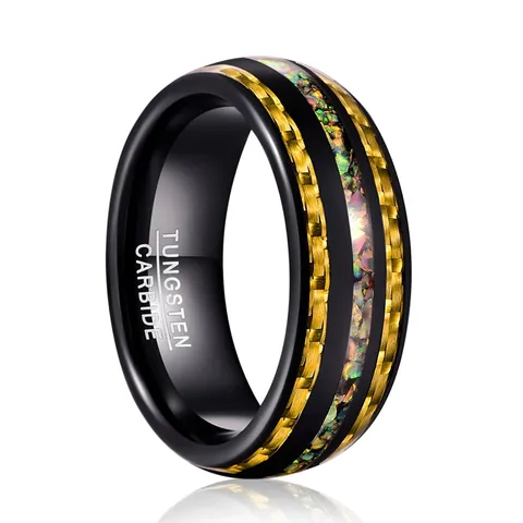 Bague en Carbure de Tungstène Noir Pour Hommes Avec Fibre de Carbone Or Et Incrustation d'Opale Alliance Polie Bijoux