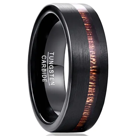8mm Wide Black Matte Tungsten Steel Ring For Men With Acacia Wood Inlay Brushed Finish Vintage Wedding Band Finger Jewelry