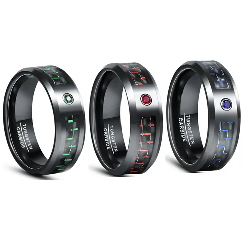 Men's 8mm Black Electroplated Tungsten Steel Ring with Inlaid Carbon Fiber and Round Zirconia Fashion Band Ring Jewelry Gift