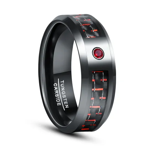 Men's 8mm Black Electroplated Tungsten Steel Ring with Inlaid Carbon Fiber and Round Zirconia Fashion Band Ring Jewelry Gift