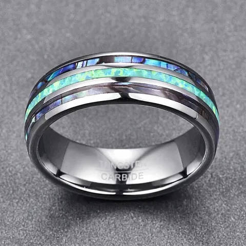 Men Polished Dome Tungsten Steel Ring With Three-Slot Abalone Shell And Green Opal Inlay Comfort Fit Band Jewelry