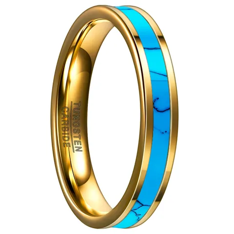 4mm Gold Plated Tungsten Steel Ring Inlaid With Turquoise For Men Women Geometric Wedding Band Finger Ring Jewelry Gift