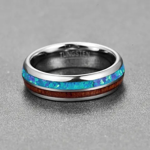 6mm Domed Tungsten Steel Ring Inlaid With Blue Opal And Acacia Wood Polished Comfort Fit Finger Band For Men And Women Jewelry