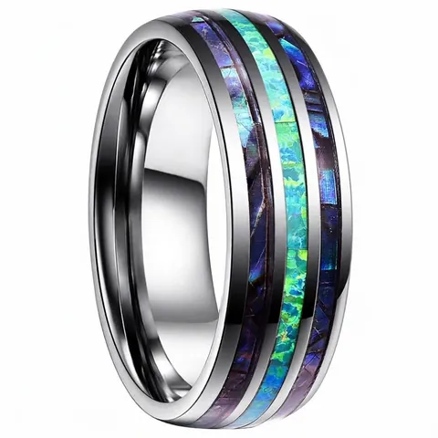 Men Polished Dome Tungsten Steel Ring With Three-Slot Abalone Shell And Green Opal Inlay Comfort Fit Band Jewelry