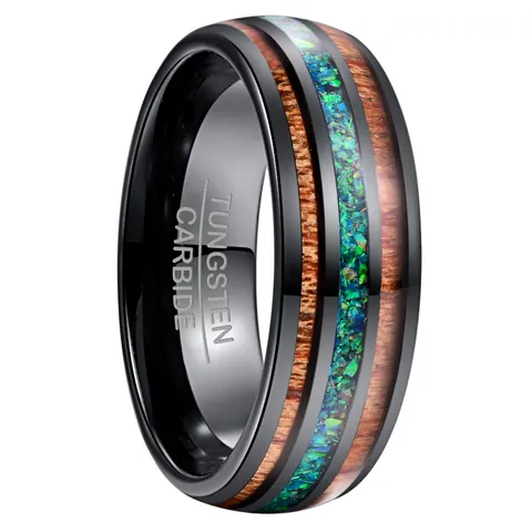 Anillo de Carburo de Tungsteno para Hombre Con Incrustaciones de Madera de Acacia y Ópalo Azul Verdoso 8mm Alianza Negra Pulida